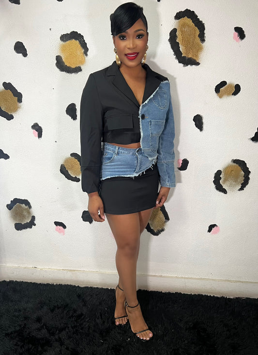 Denim In Black Skirt Set